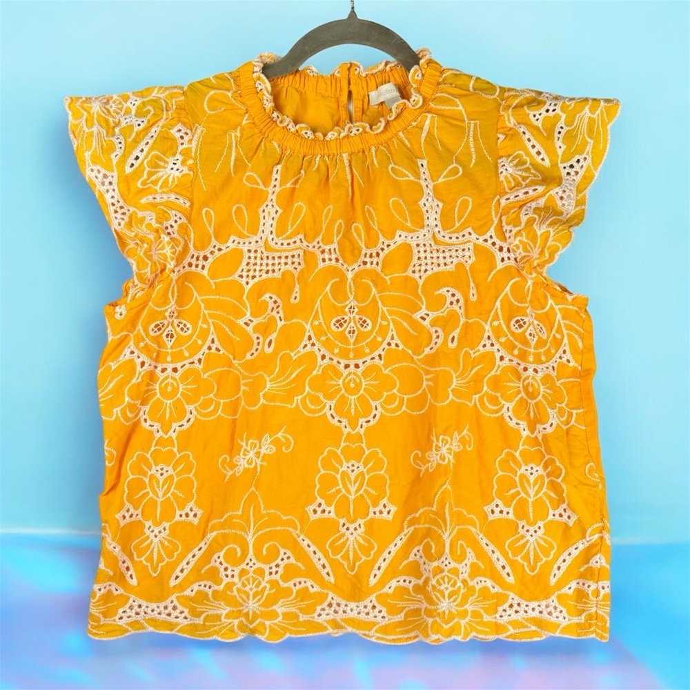 Jennifer & Grace Coquette Cottagecore Eyelet Ruffle Neck Back Button Top S